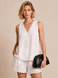 White Linen-Blend Sleeveless Top & Shorts Set with Embroidered Lace V-Neck
