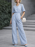 Cotton Striped Wide-Leg Jumpsuit with Short Sleeves and Elastic Waist for Women