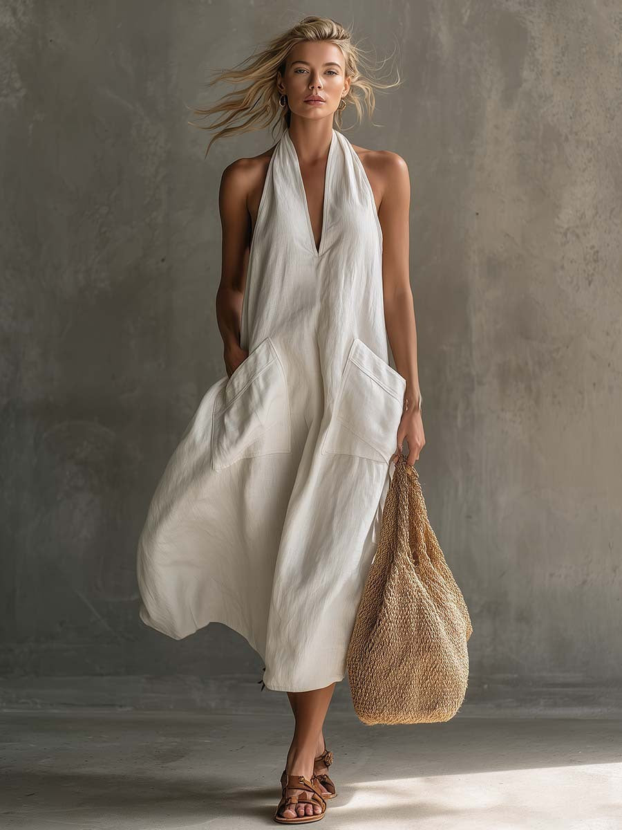 Halter Neck Linen Pocket Maxi Dress