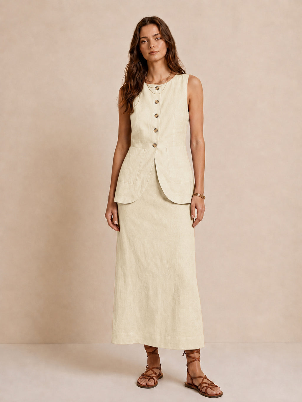 Sleeveless Button-Front Linen Vest Skirt Set