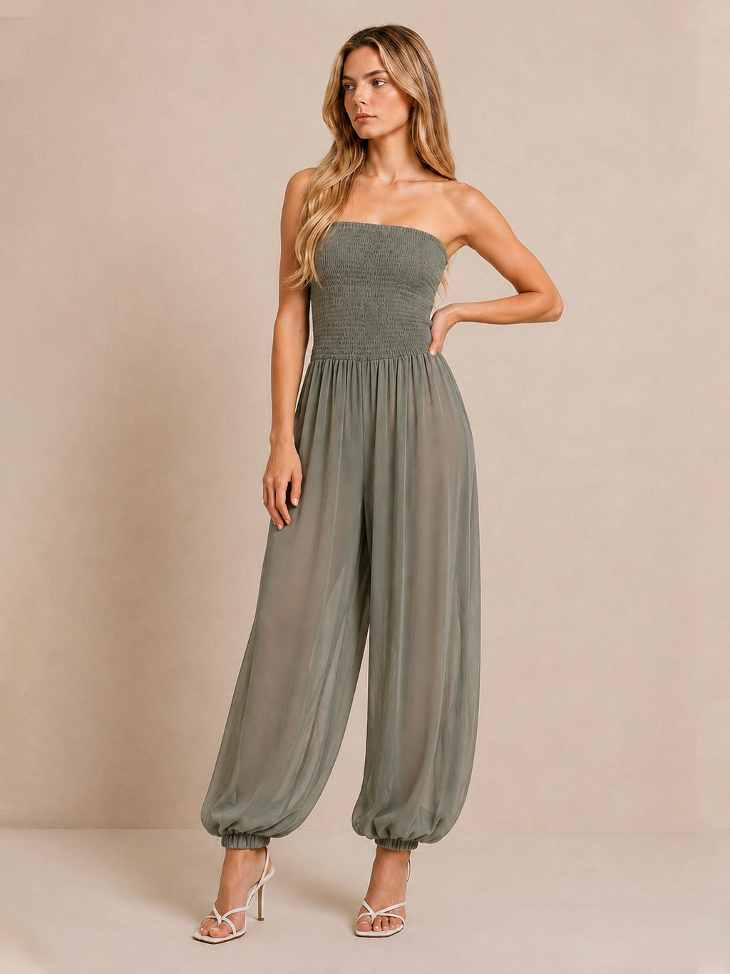 Strapless Smocked Wide Jumpsuit