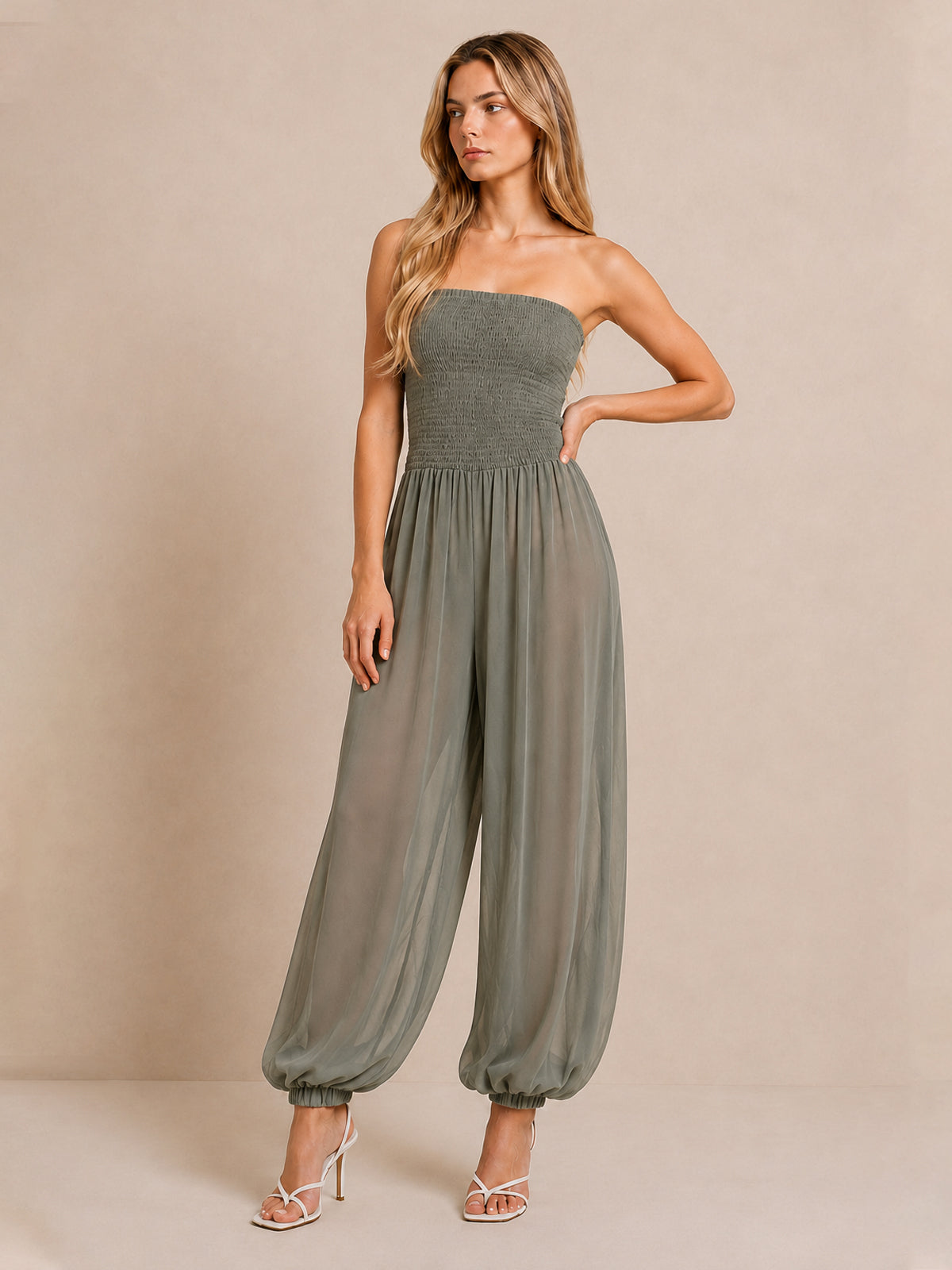 Strapless Smocked Wide Jumpsuit