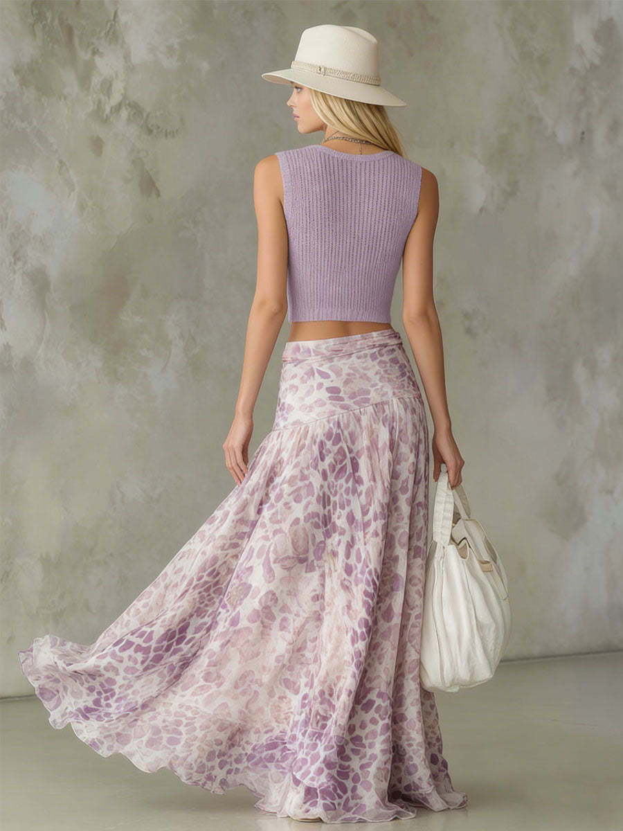 Lavender Printed Chiffon Maxi Skirt with Flowy Layered Design for Women