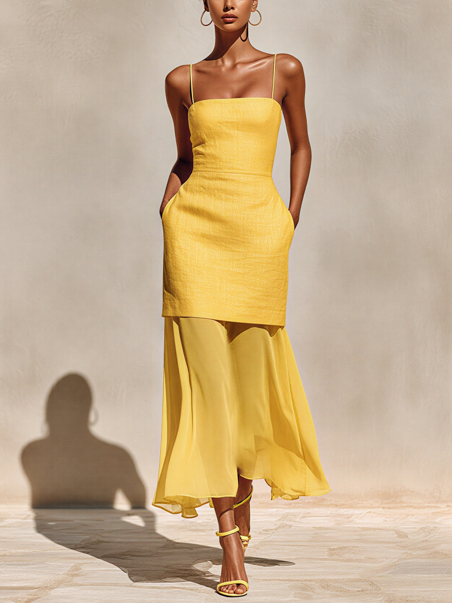 Linen Chiffon Layered Midi Dress with Straps and Side Pockets