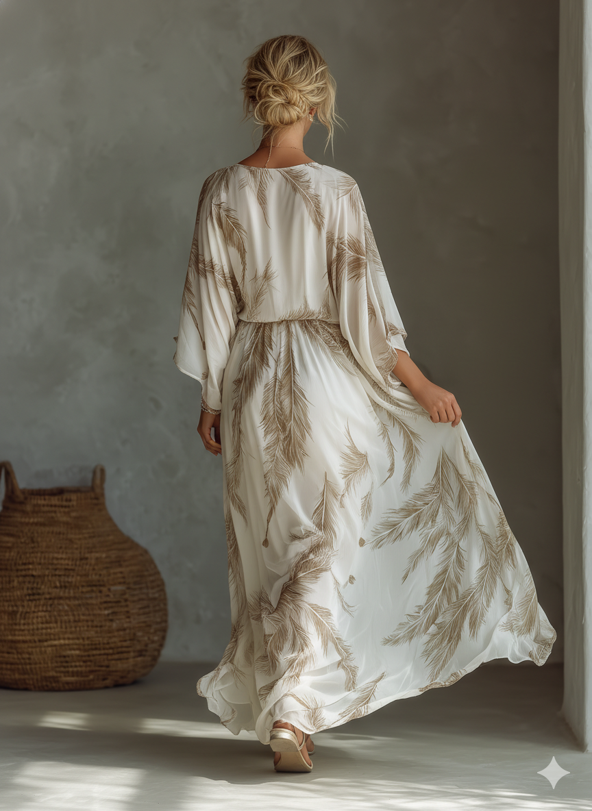 Chiffon Palm Print Maxi Dress with Deep V-Neck and Wide Sleeve for Boho Summer Beach Wear