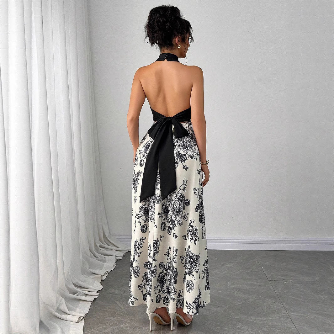 Floral Print Halter Neck Slim Fit Maxi Dress