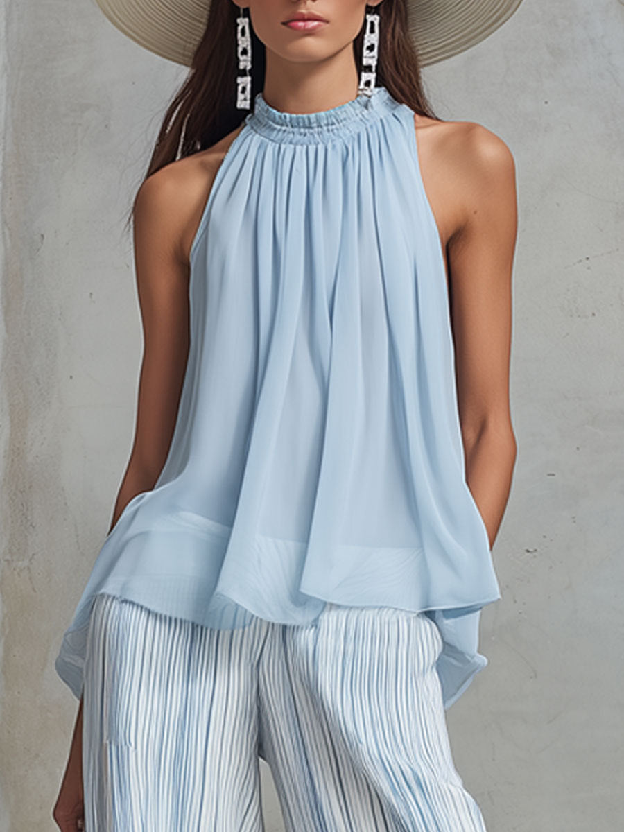 Lightweight Chiffon Halter Top with Striped Wide-Leg Pants Set