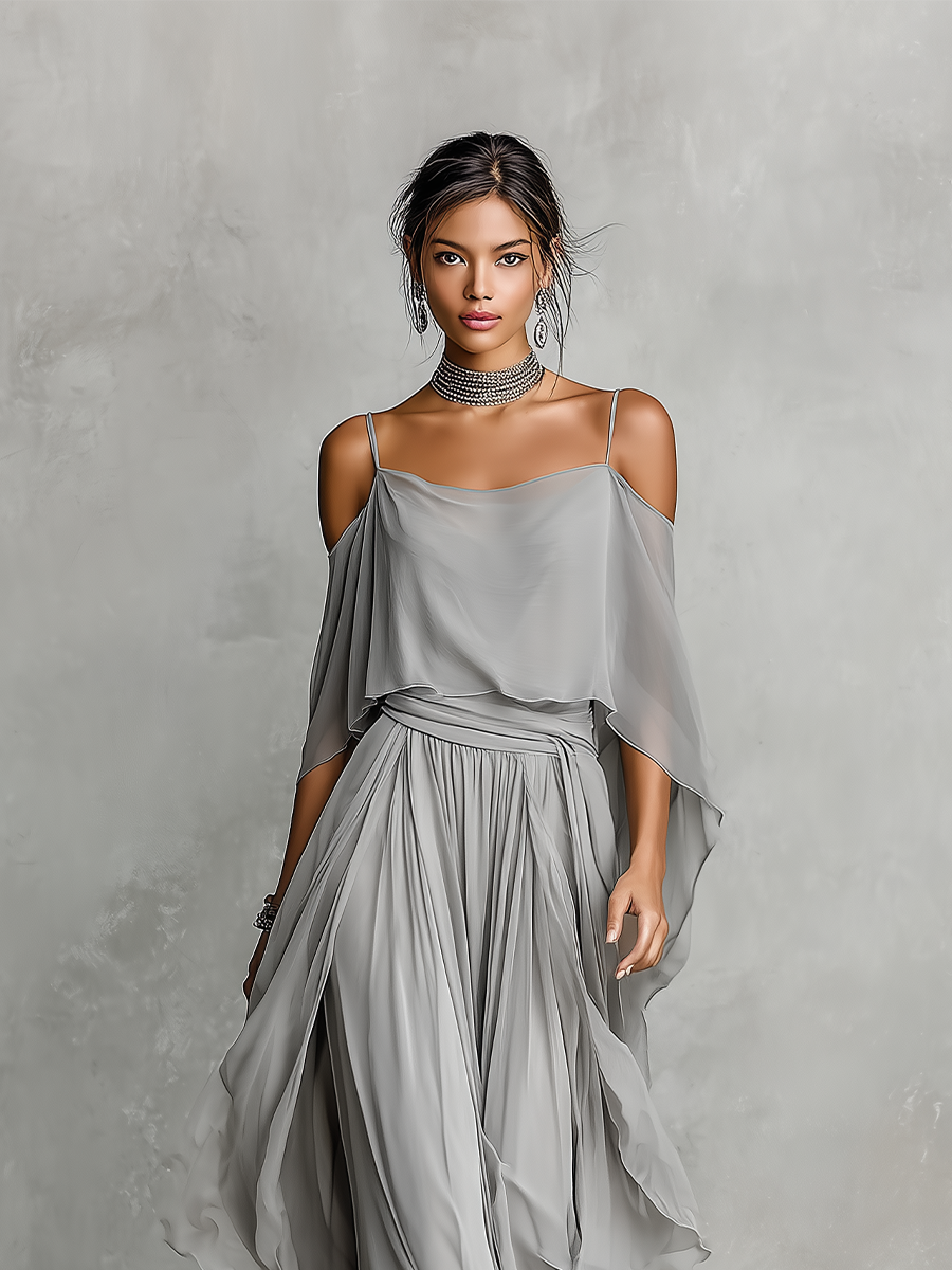 Chiffon Cold Shoulder Long Dress with Asymmetric Hem and Flowy Sleeve