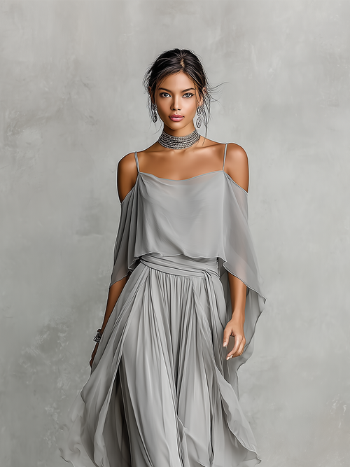 Chiffon Cold Shoulder Long Dress with Asymmetric Hem and Flowy Sleeve
