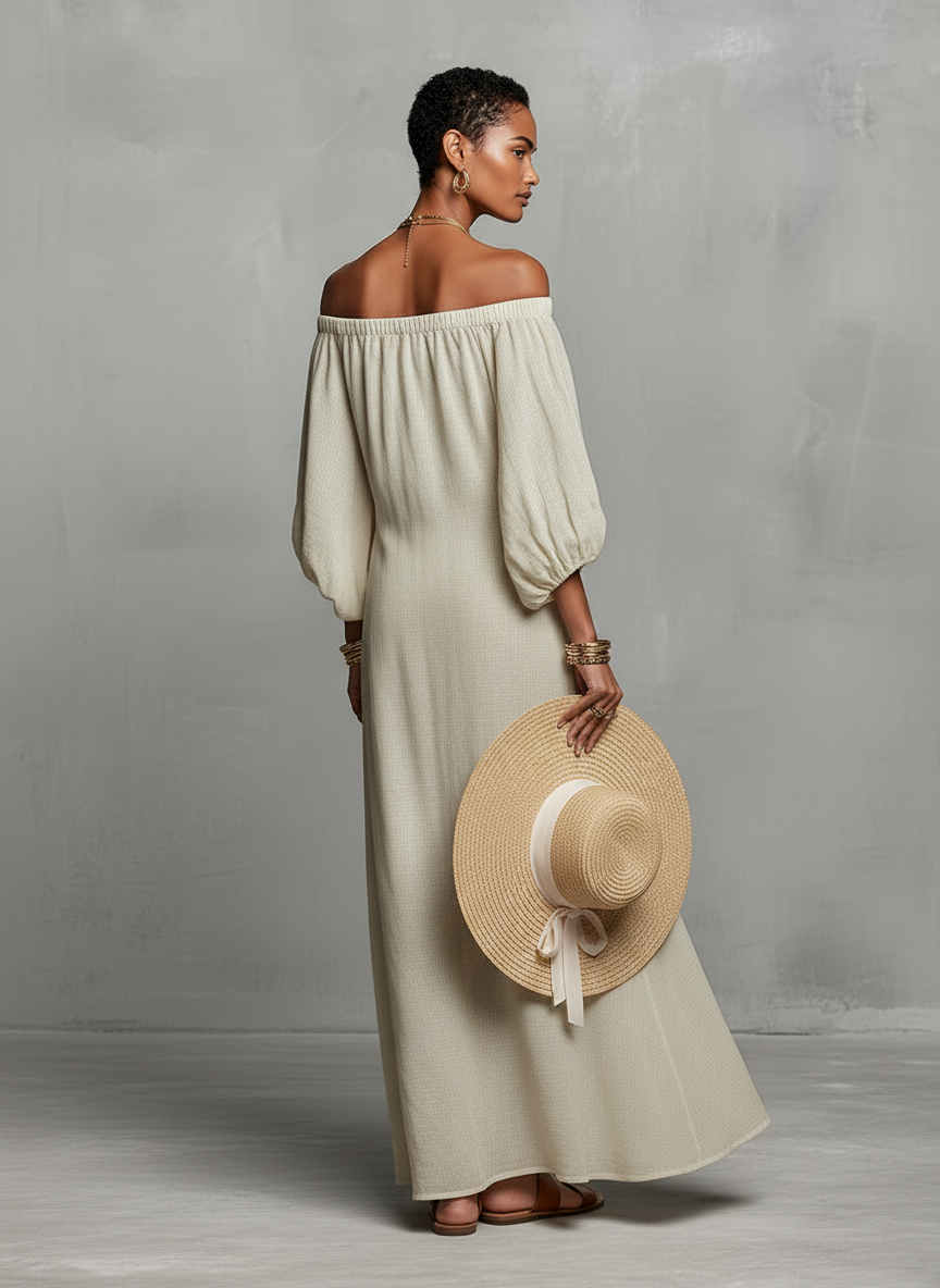 Linen Off-Shoulder Embroidered Maxi Dress with Puff Sleeves