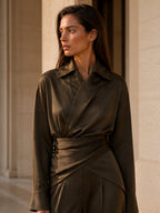 Wrap-Front Draped Waist Wide-Leg Set