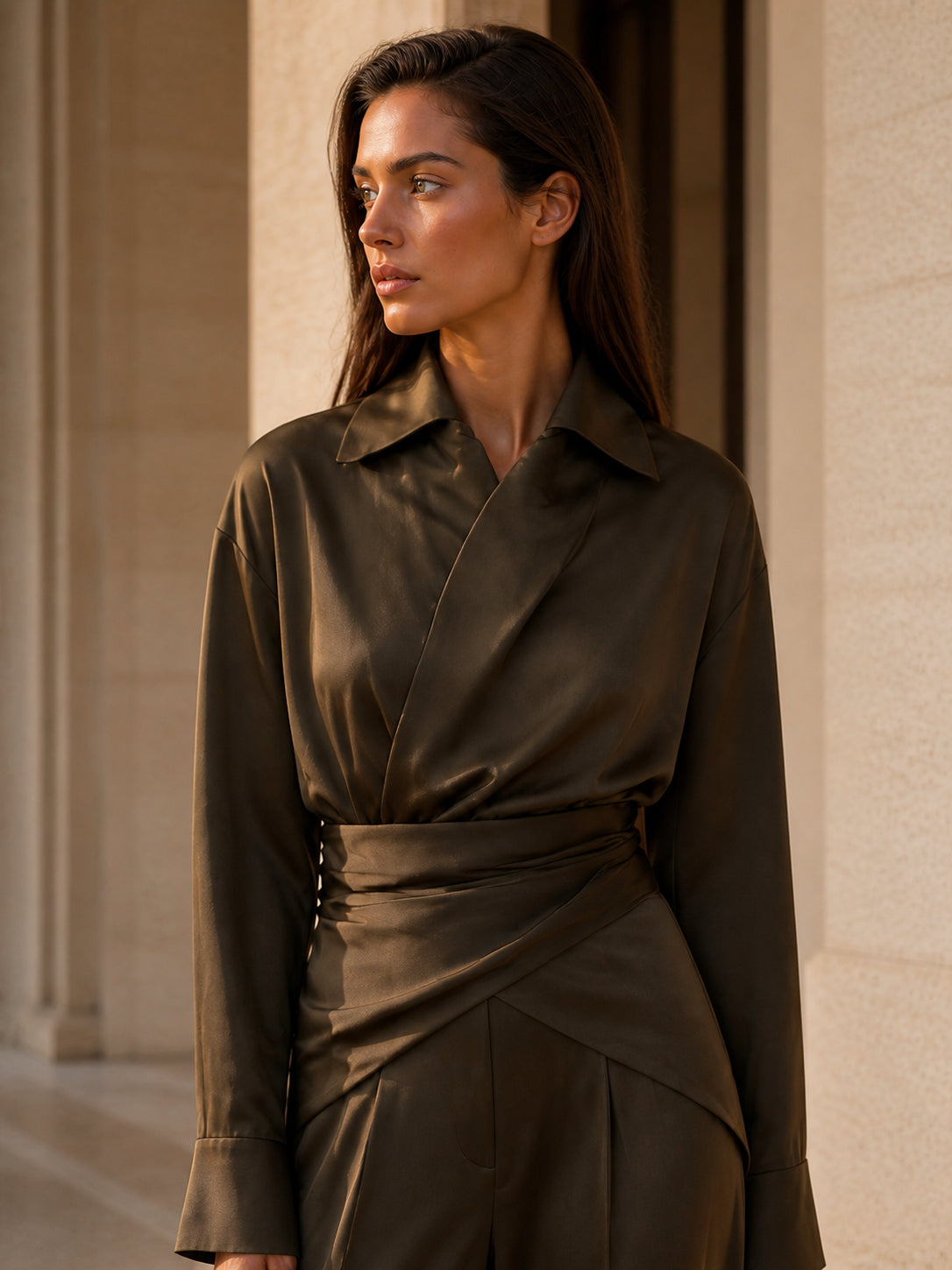 Wrap-Front Draped Waist Wide-Leg Set