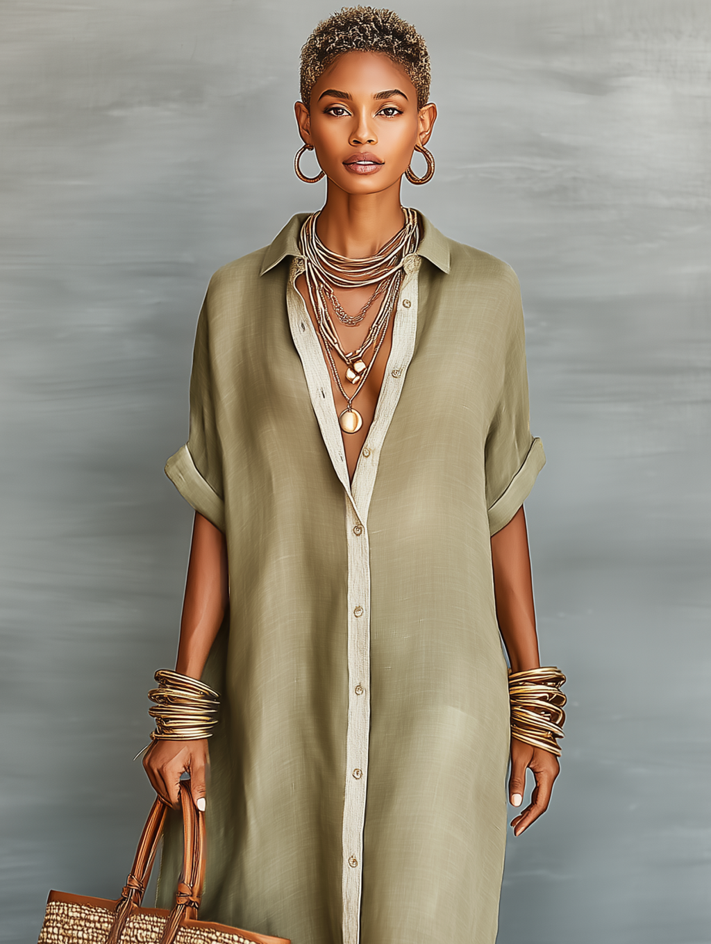Linen Long Shirt Dress for Women - Flowy Maxi Dress with Button Front and Roll-Up Sleeves