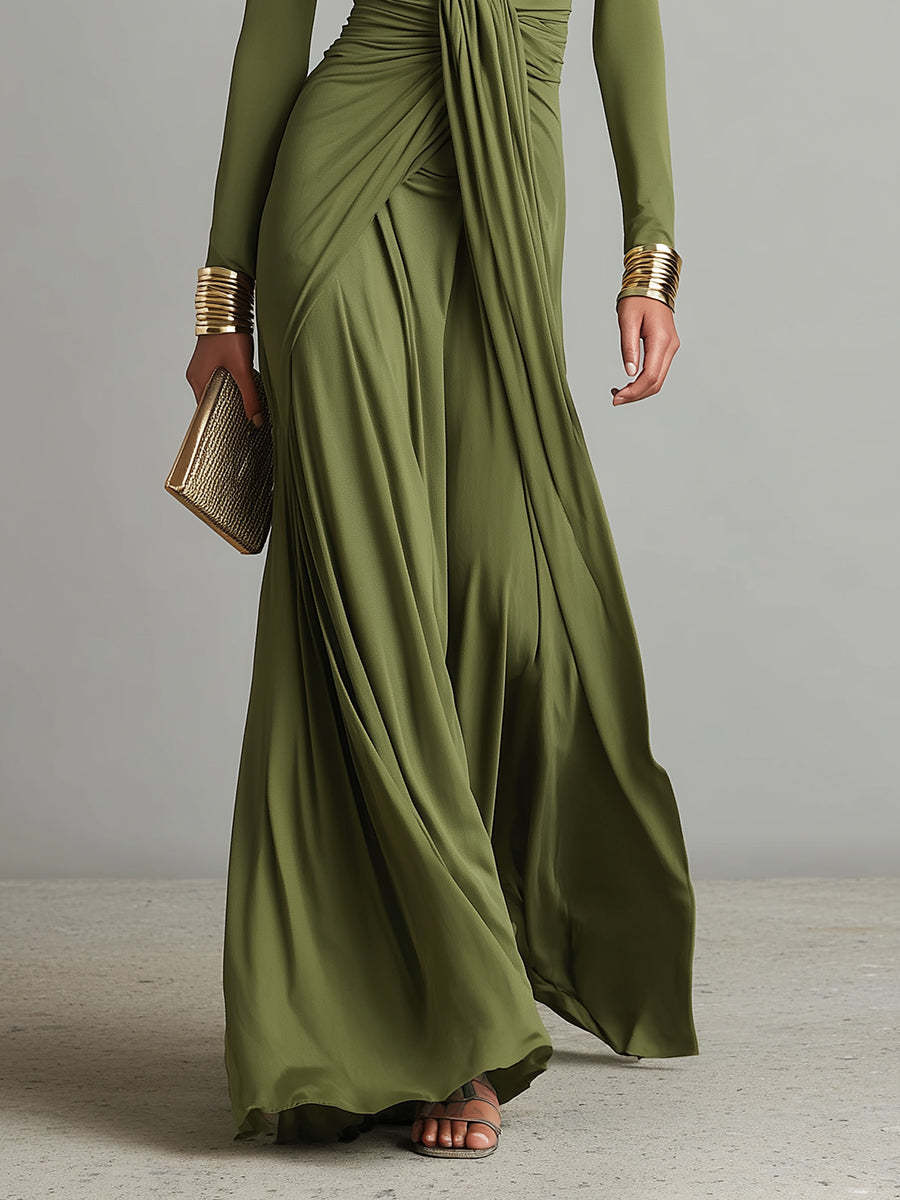 Silk Long Sleeve Draped Maxi Dress with Deep V-Neck and Front Twist Detail