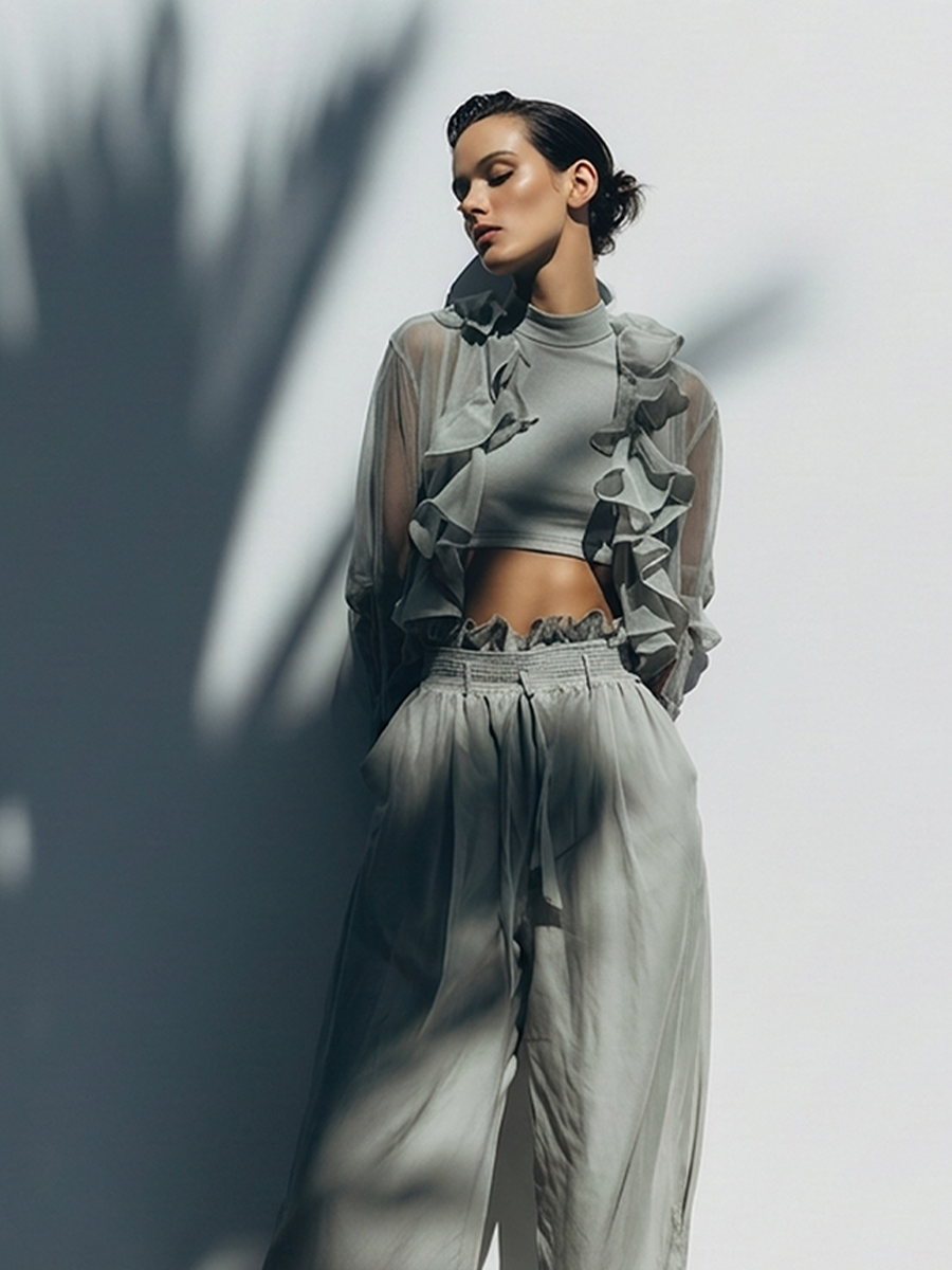Sheer Ruffle Overlay Crop Top & Wide Leg Trousers Set in Light Grey Silk Blend