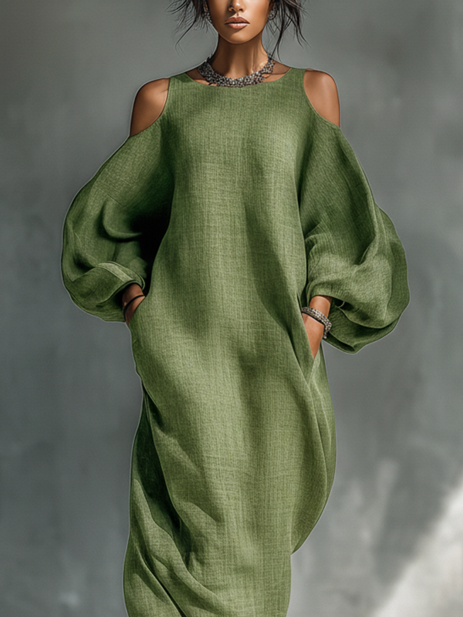 Linen Cold Shoulder Maxi Dress for Women Boho Long Sleeve Flowy Summer Dress Elegant Oversized Loose Fit Beach Vacation Dress