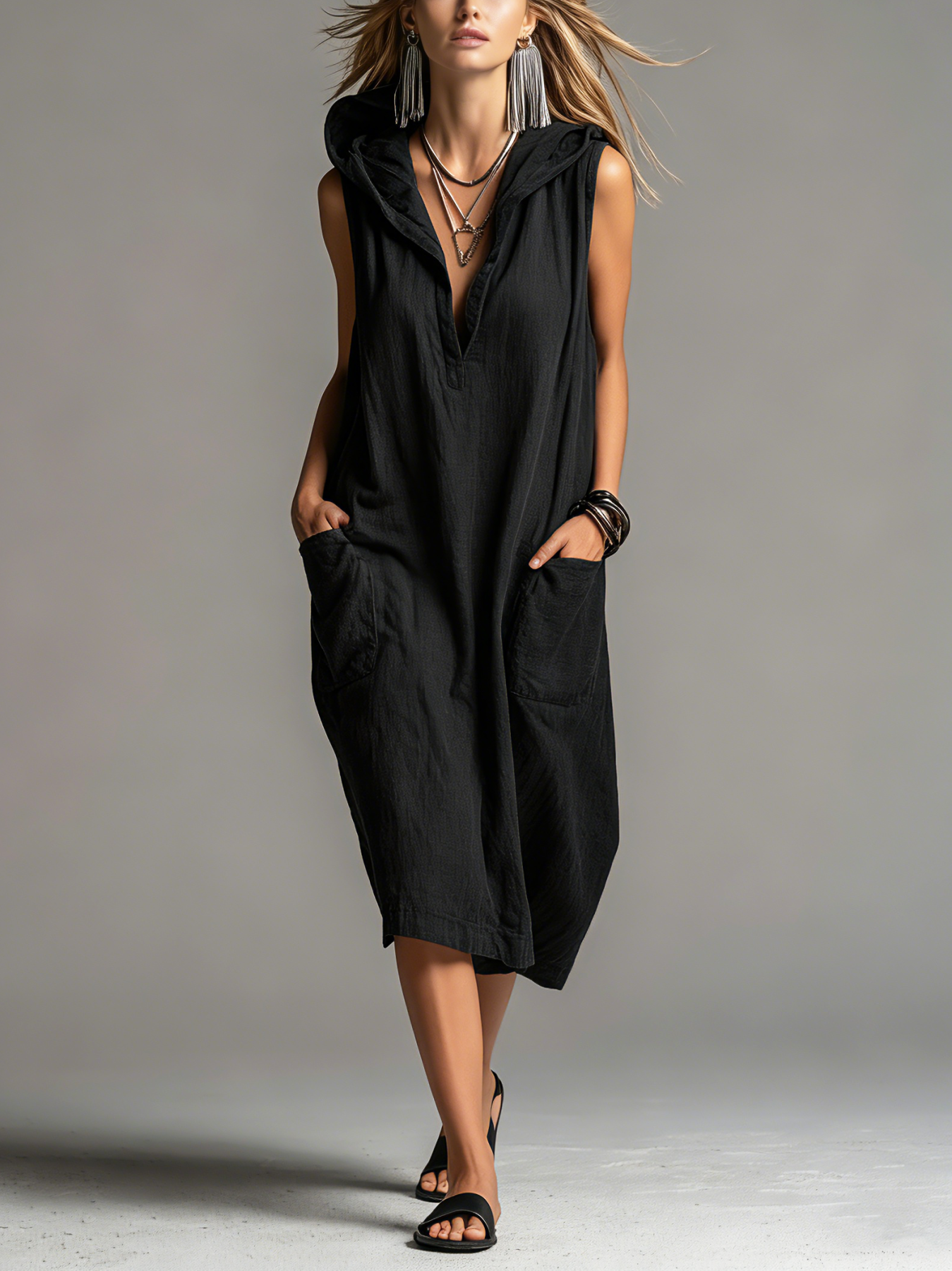 Linen Sleeveless Hooded Midi Dress with Pockets - Casual Loose Fit Women's Summer Dress
