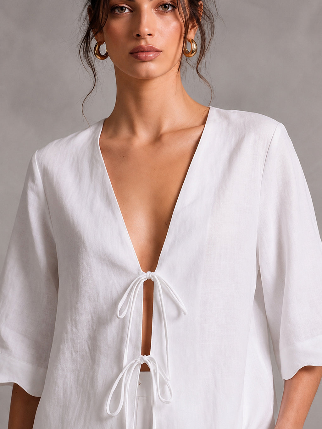 Linen V-Neck Tie-Front Blouse with 3/4 Sleeves & Scallop Hem