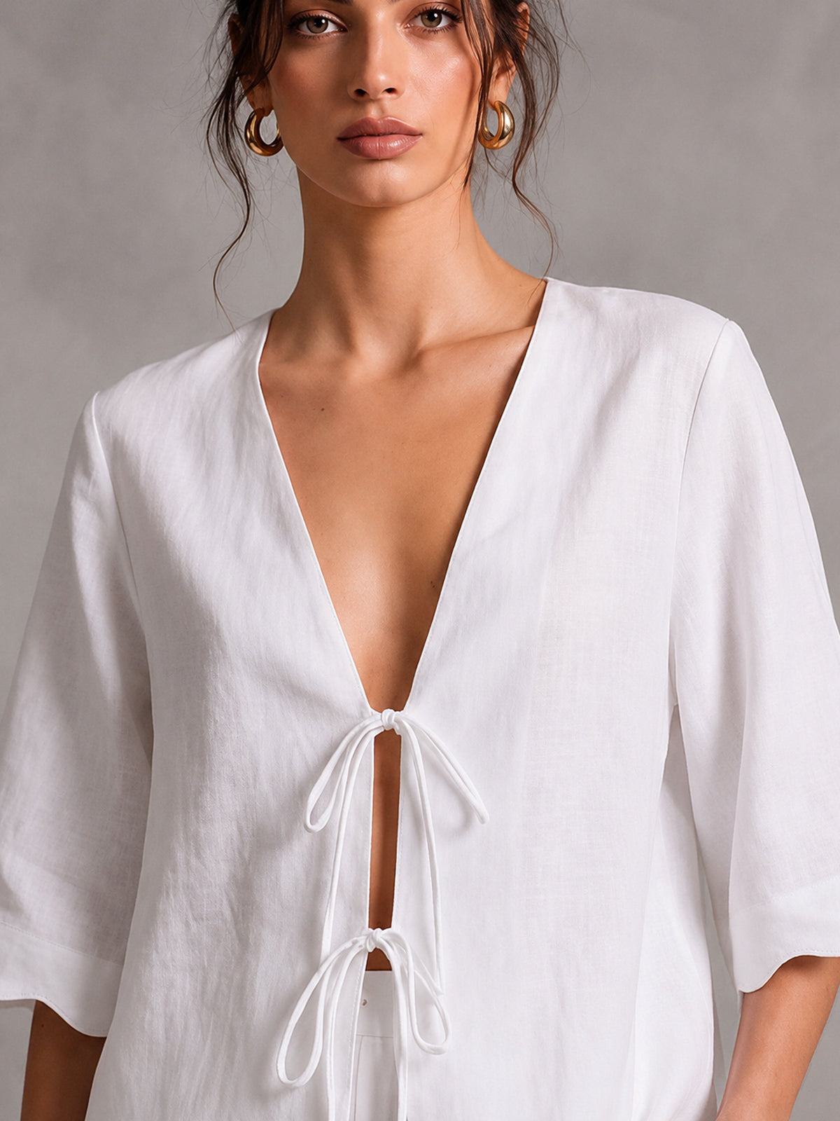 Linen V-Neck Tie-Front Blouse with 3/4 Sleeves & Scallop Hem