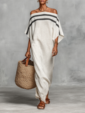 Striped Detail Linen Off-Shoulder Maxi Dress