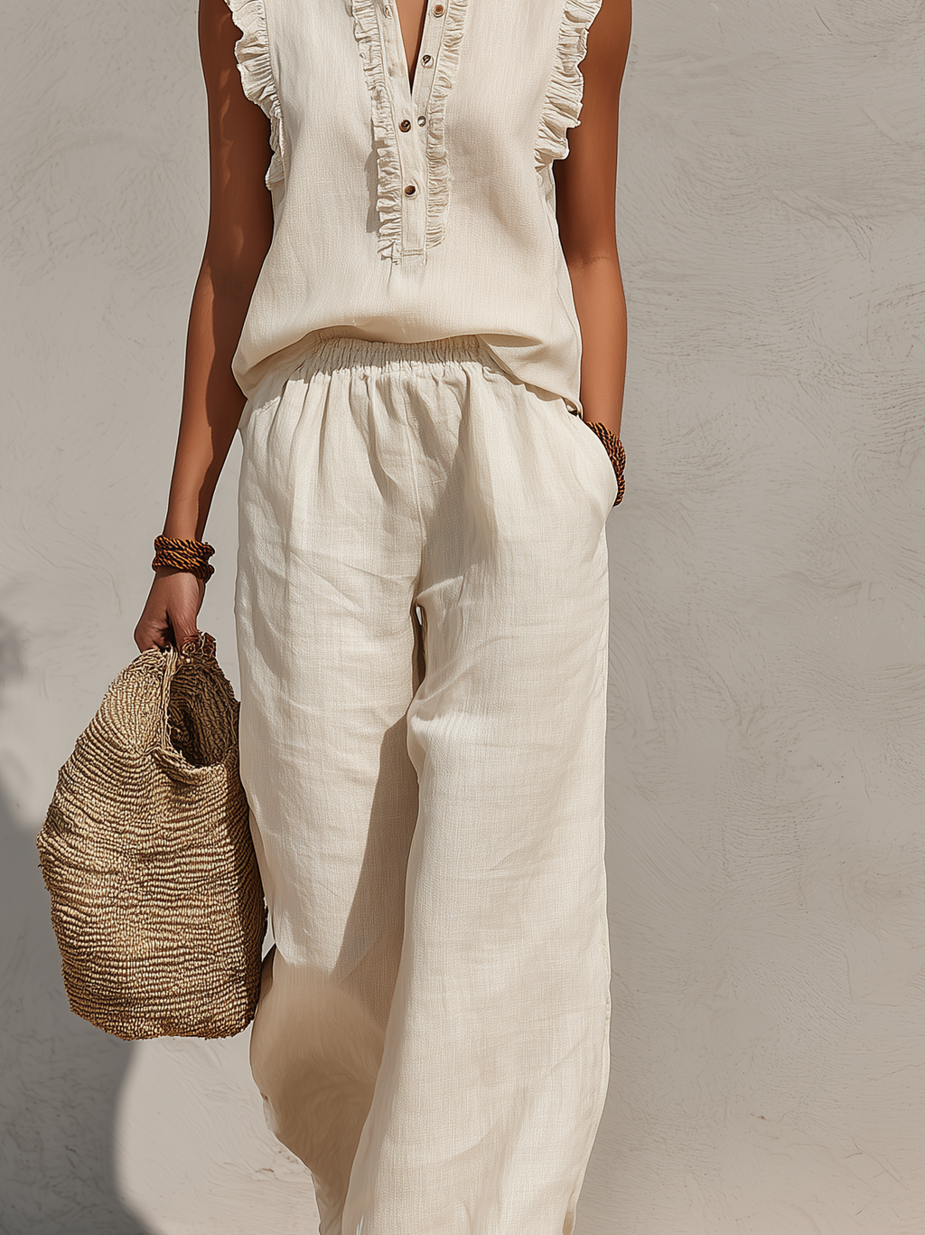 Linen Sleeveless Ruffle Top with Button Front and Wide Leg Pants Set