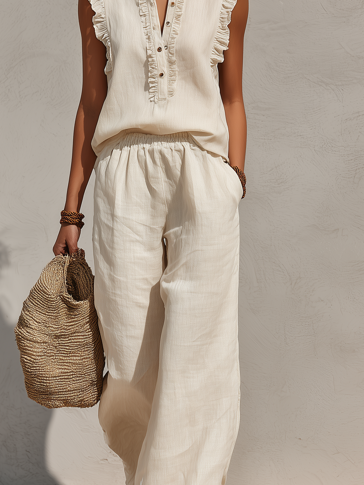 Linen Sleeveless Ruffle Top with Button Front and Wide Leg Pants Set