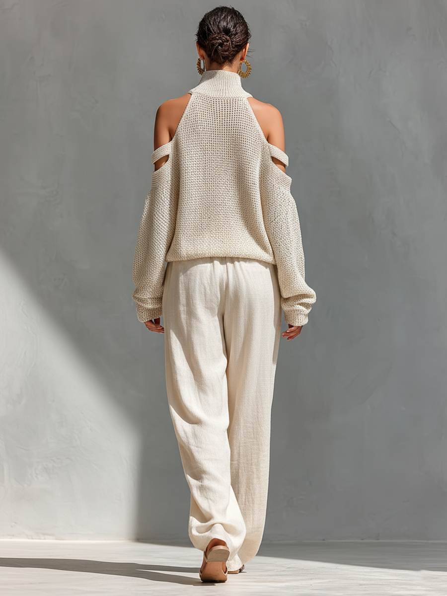 Knit Wool Off-Shoulder High Neck Sweater Set with Linen Wide Leg Pants