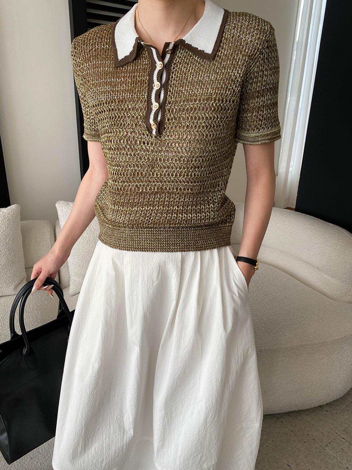 Contrast-Collar Pointelle Knit Polo