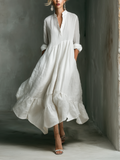 Linen Long Sleeve Maxi Dress with Ruffle Hem and Button Down Collar