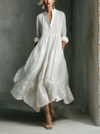Leinen-Maxikleid mit langen Ärmeln, Rüschensaum und durchgehender Knopfleiste