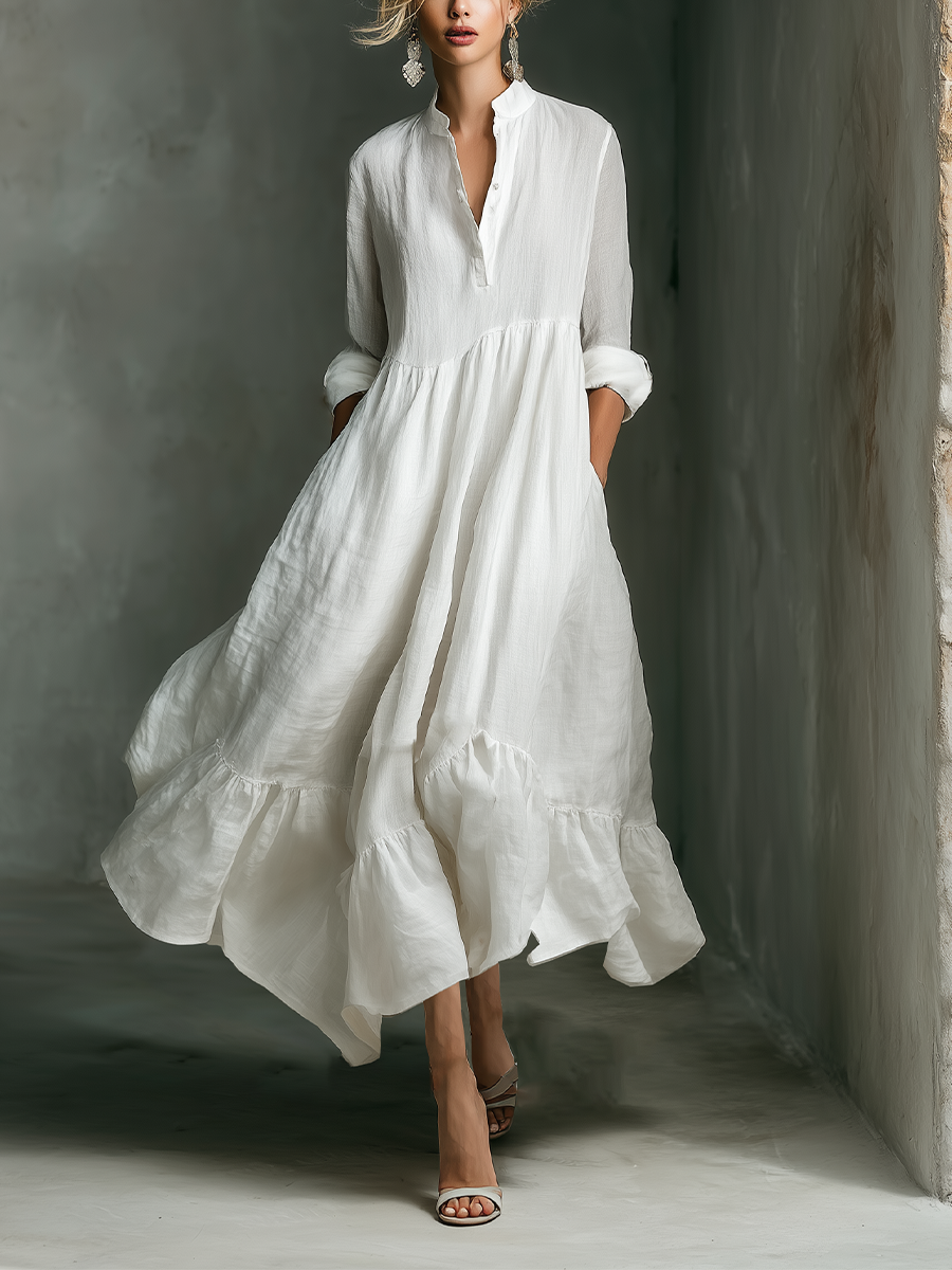 Linen Long Sleeve Maxi Dress with Ruffle Hem and Button Down Collar