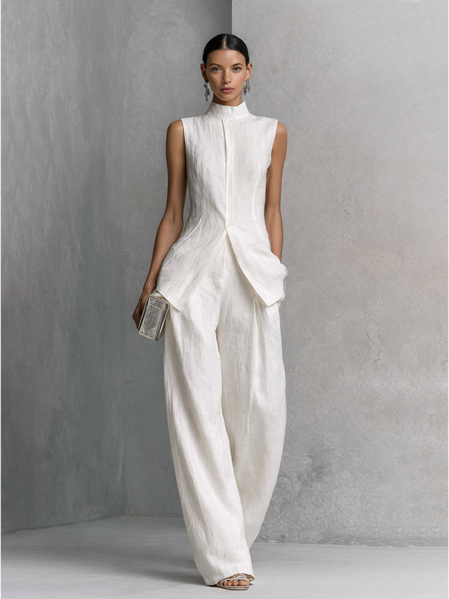 Linen Sleeveless High Neck Tunic with Wide Leg Pants Set Elegant Minimalist Women's Outfit