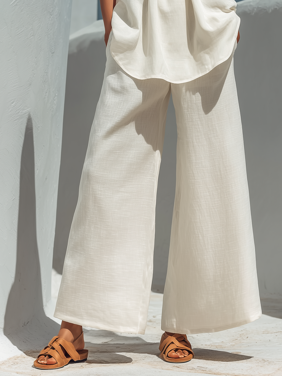Linen Sleeveless Collared Top & Wide Leg Pants Set - Flowy Summer Outfit for Women