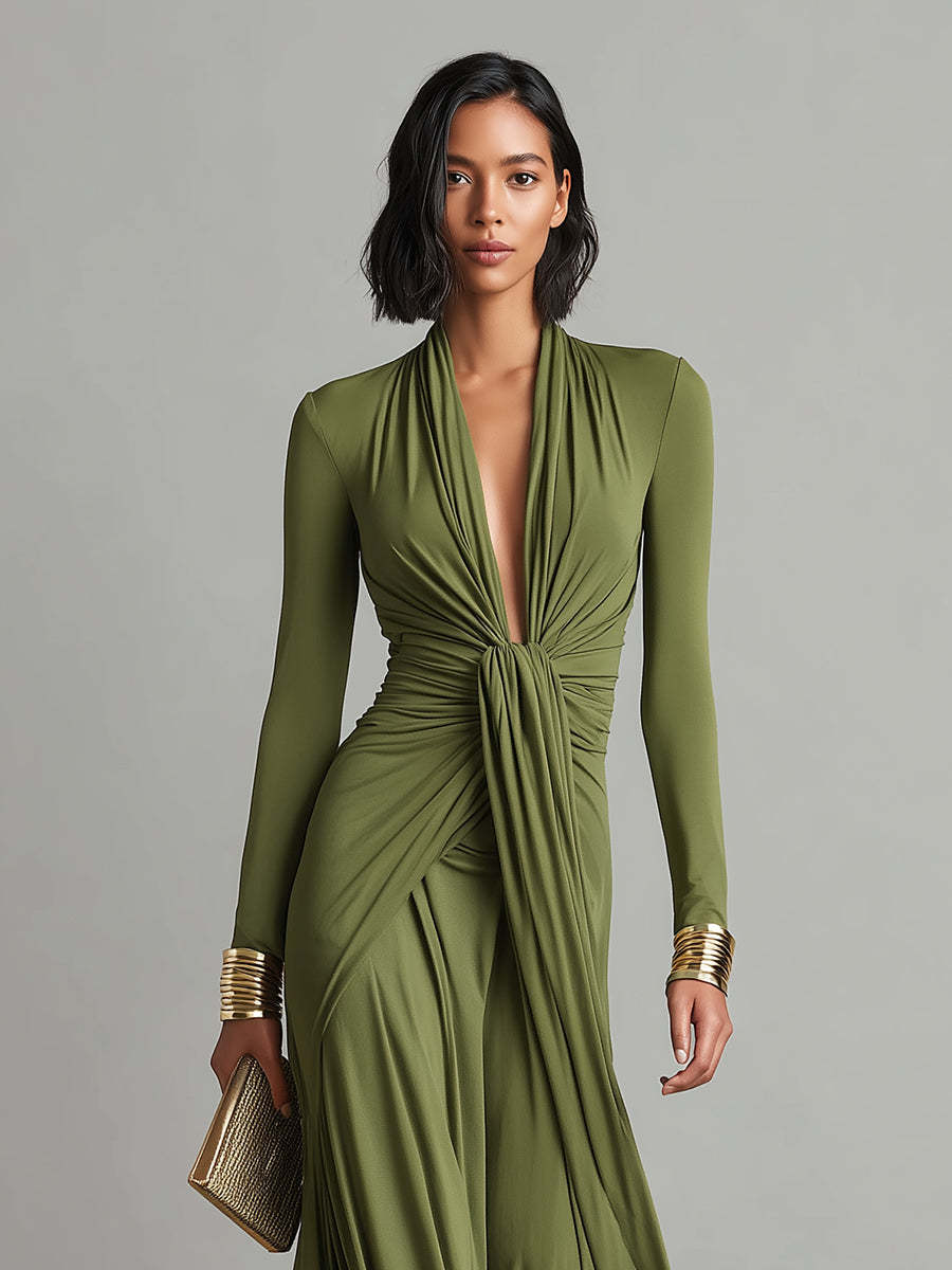 Silk Long Sleeve Draped Maxi Dress with Deep V-Neck and Front Twist Detail