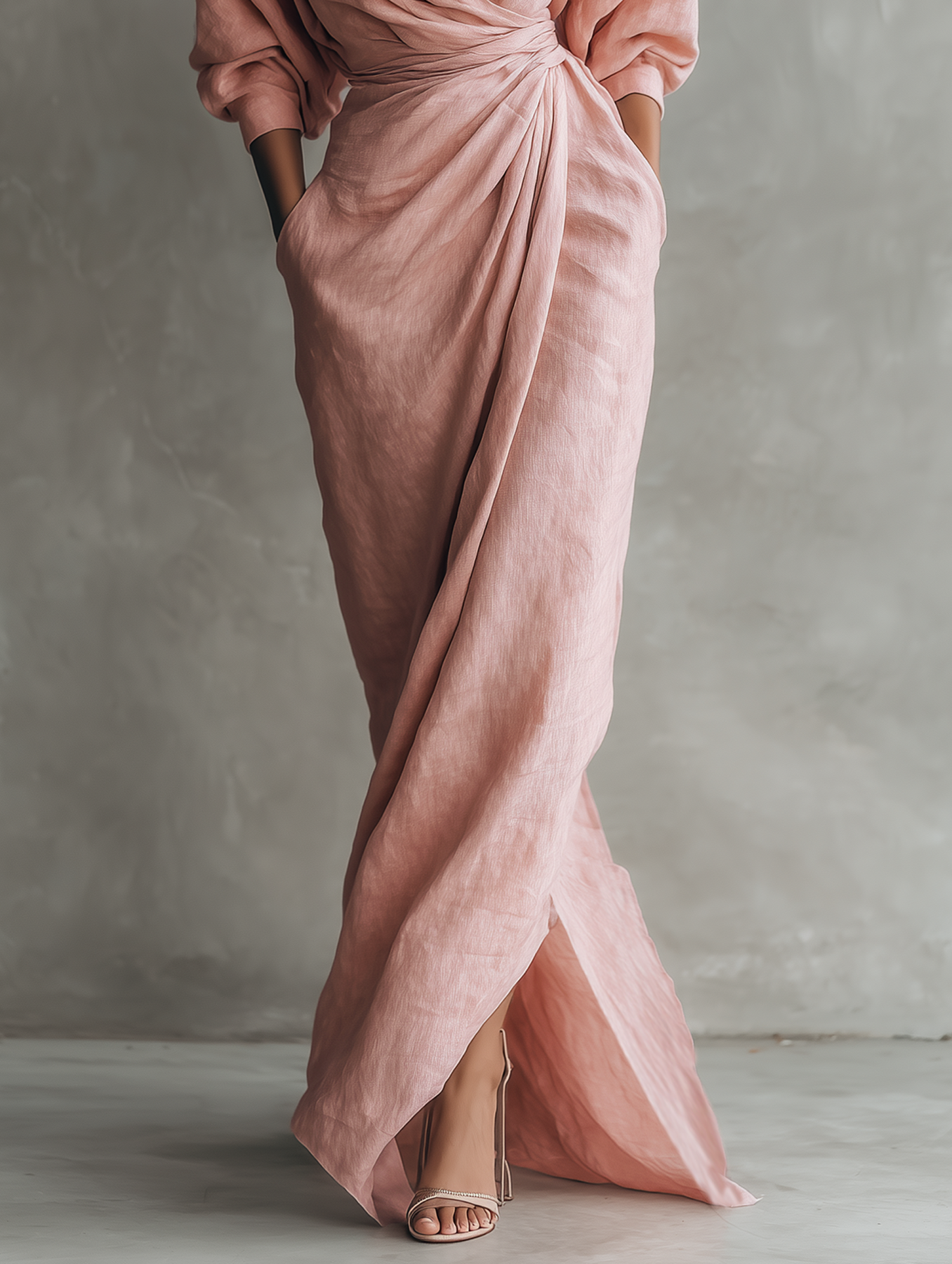 Linen Wrap Maxi Dress for Women Elegant V-Neck Long Sleeve Flowy Gown with Knot Waist and Side Pockets