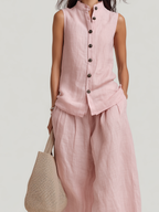 Linen Sleeveless Button Two Piece Set