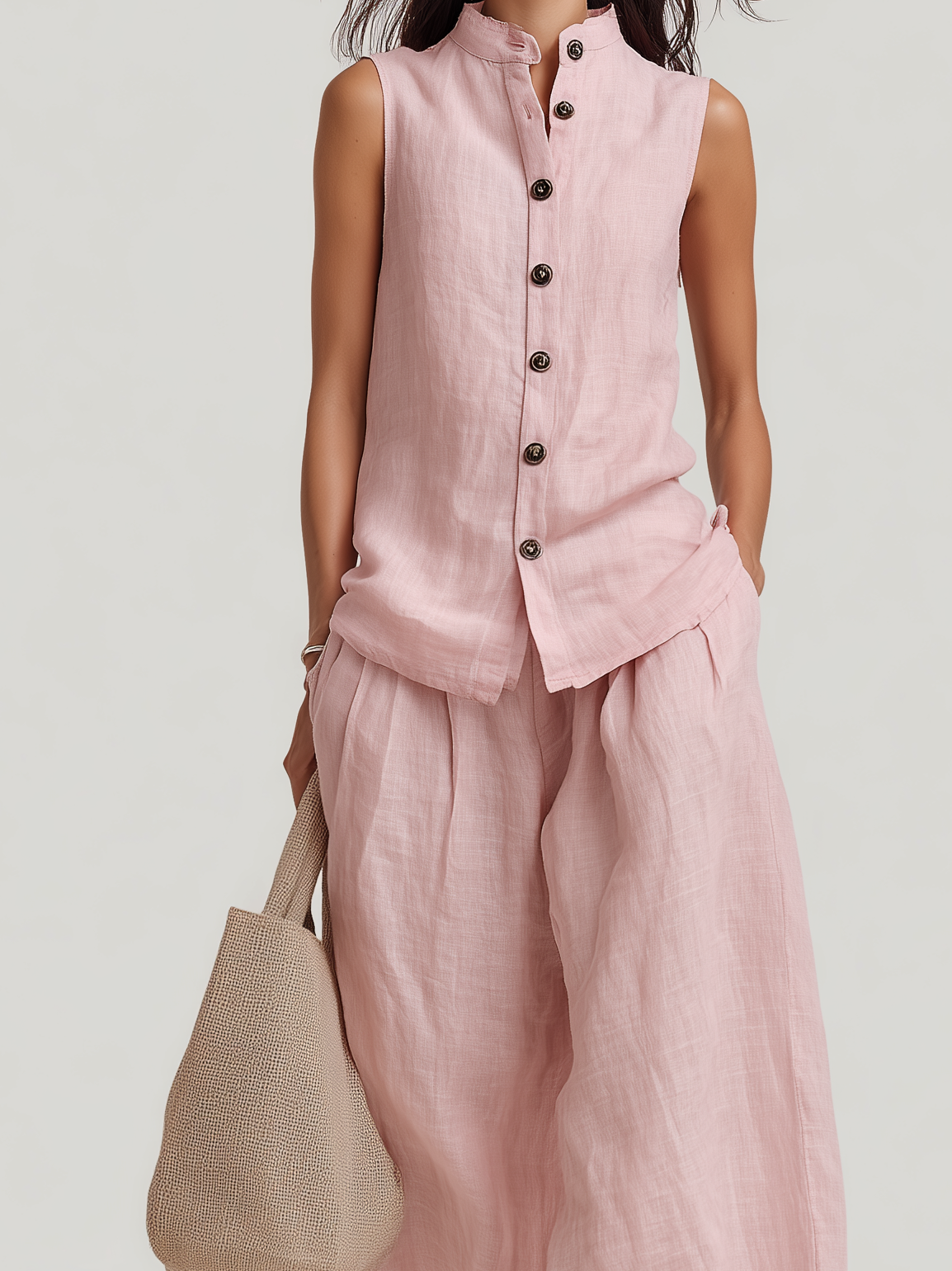 Linen Sleeveless Button-Up Top and Wide-Leg Pants Set for Women - Comfortable, Breathable, Casual Summer Outfit