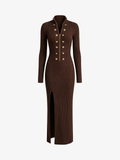 Elegant Button-Trim Split Knit Midi Dress