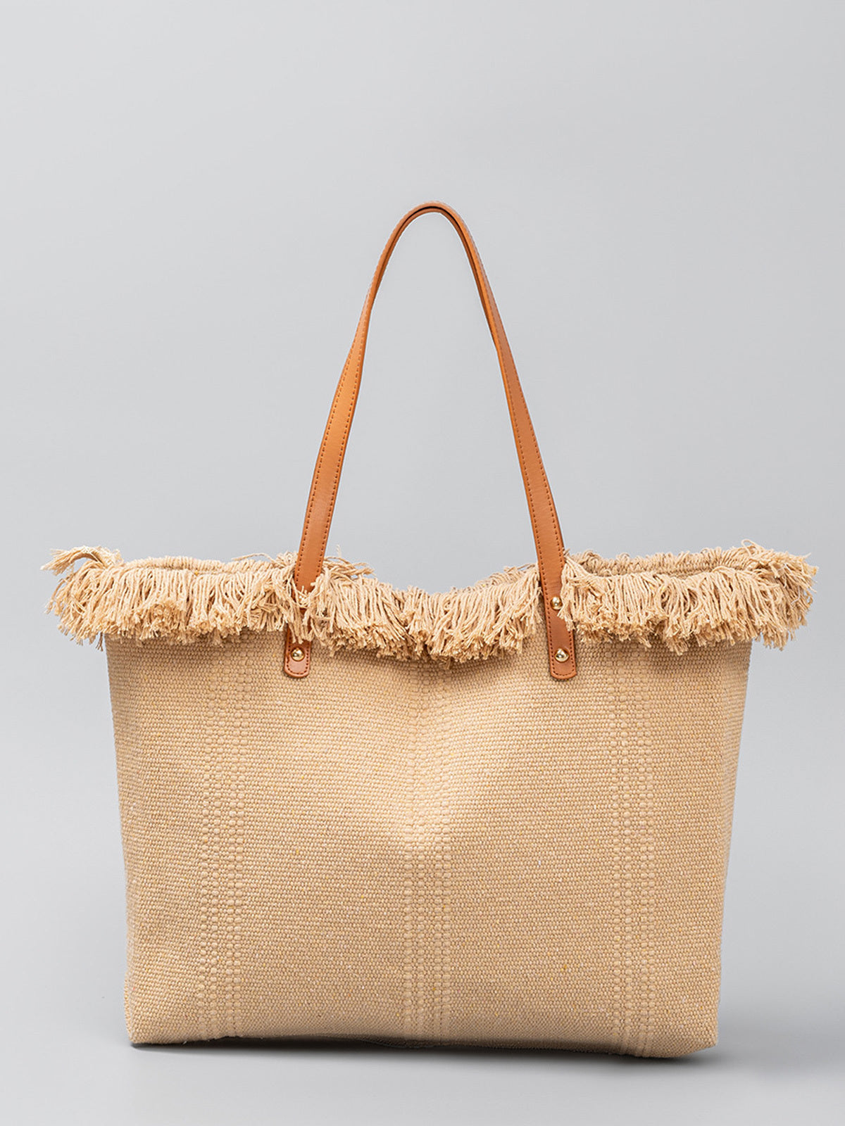 Handwoven Raffia Tote Bag with Fringe Trim
