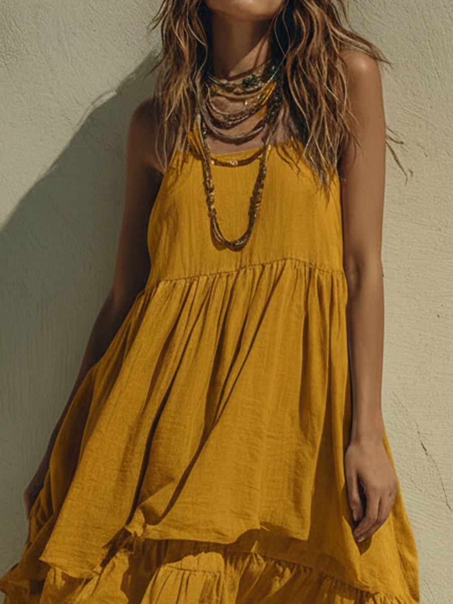 Linen Tiered Maxi Dress for Women - Boho Summer Beach Long Sleeveless Flowy Dress with Ruffles and Side Pockets