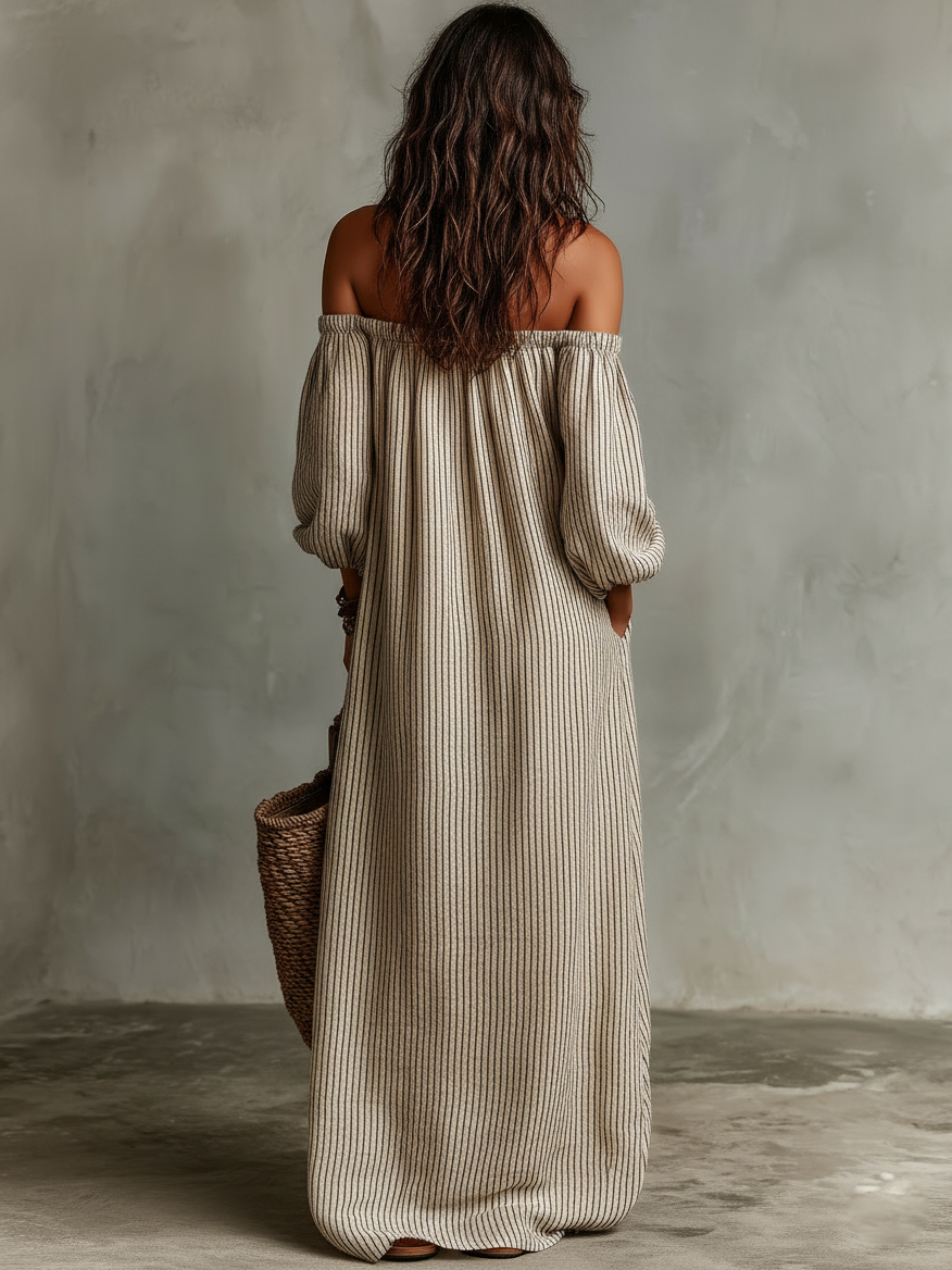 Linen Striped Off-Shoulder Maxi Dress with Puff Sleeves and Wide Leg Design