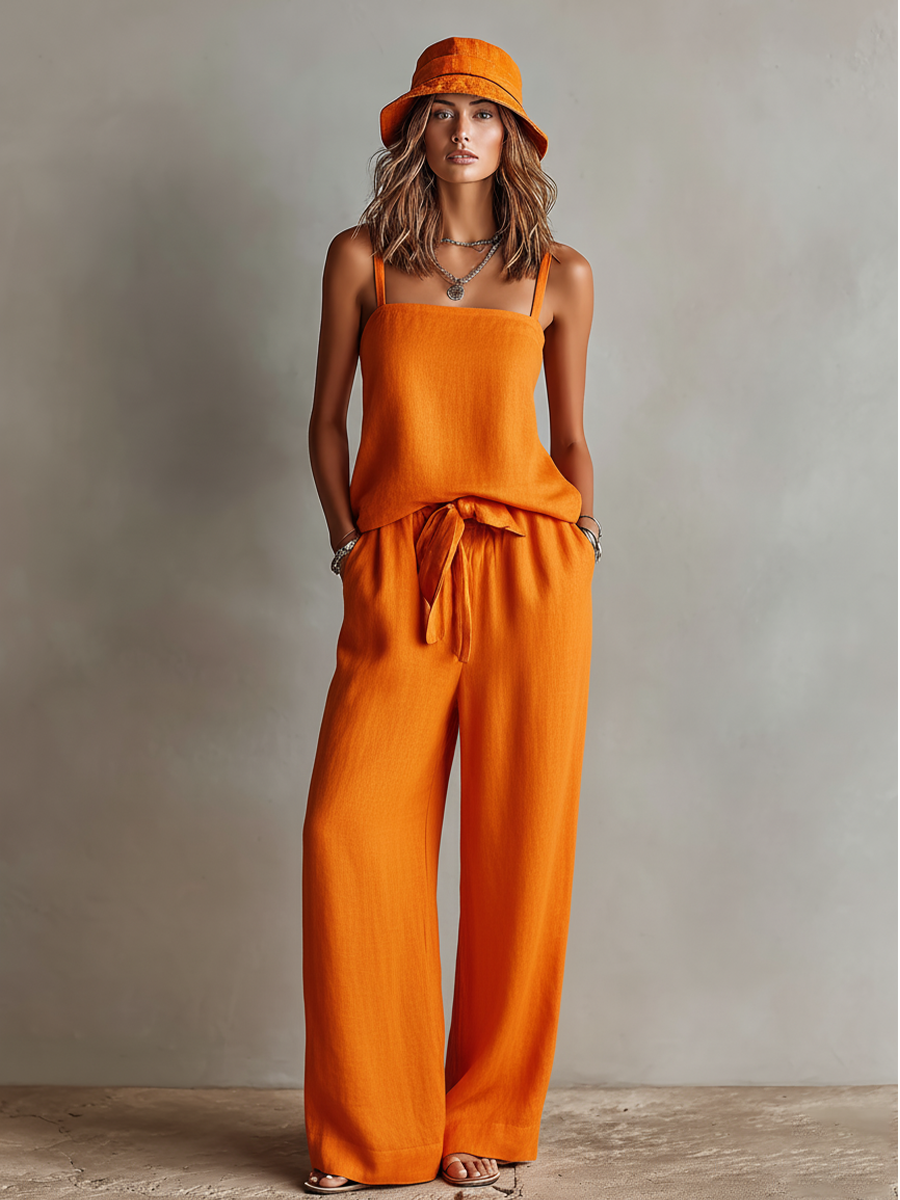 Linen Women's Orange Jumpsuit with Wide Leg and Adjustable Straps