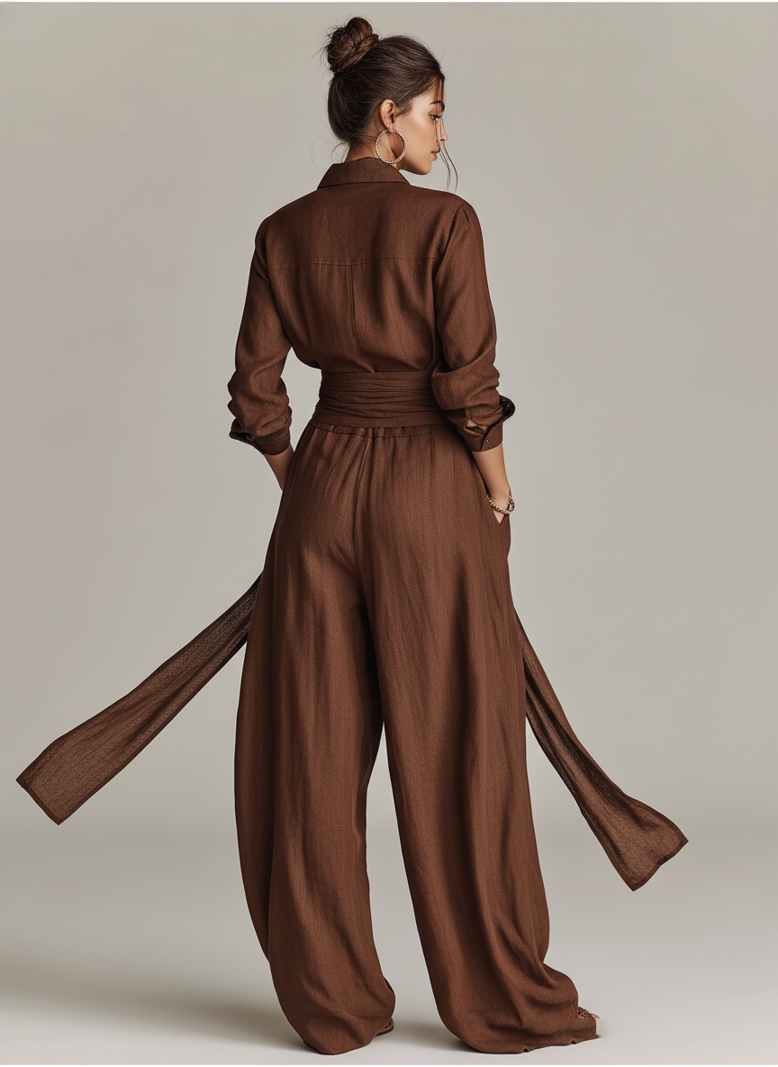 Linen Wide Leg Jumpsuit with Belted Waist and Button-Down Collar
