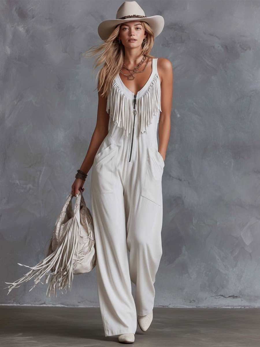 Cotton Linen Fringe Sleeveless Jumpsuit with Zipper Front and Wide Leg Design