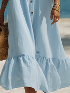 Blaues schulterfreies, kurzärmeliges, weites Maxikleid im Urlaubsstil