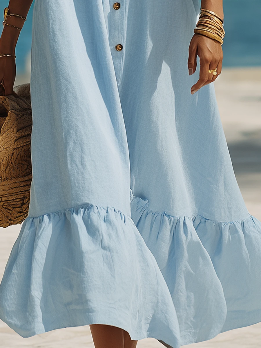Vacation-Style Blue Off-Shoulder Short-Sleeve Loose Maxi Dress