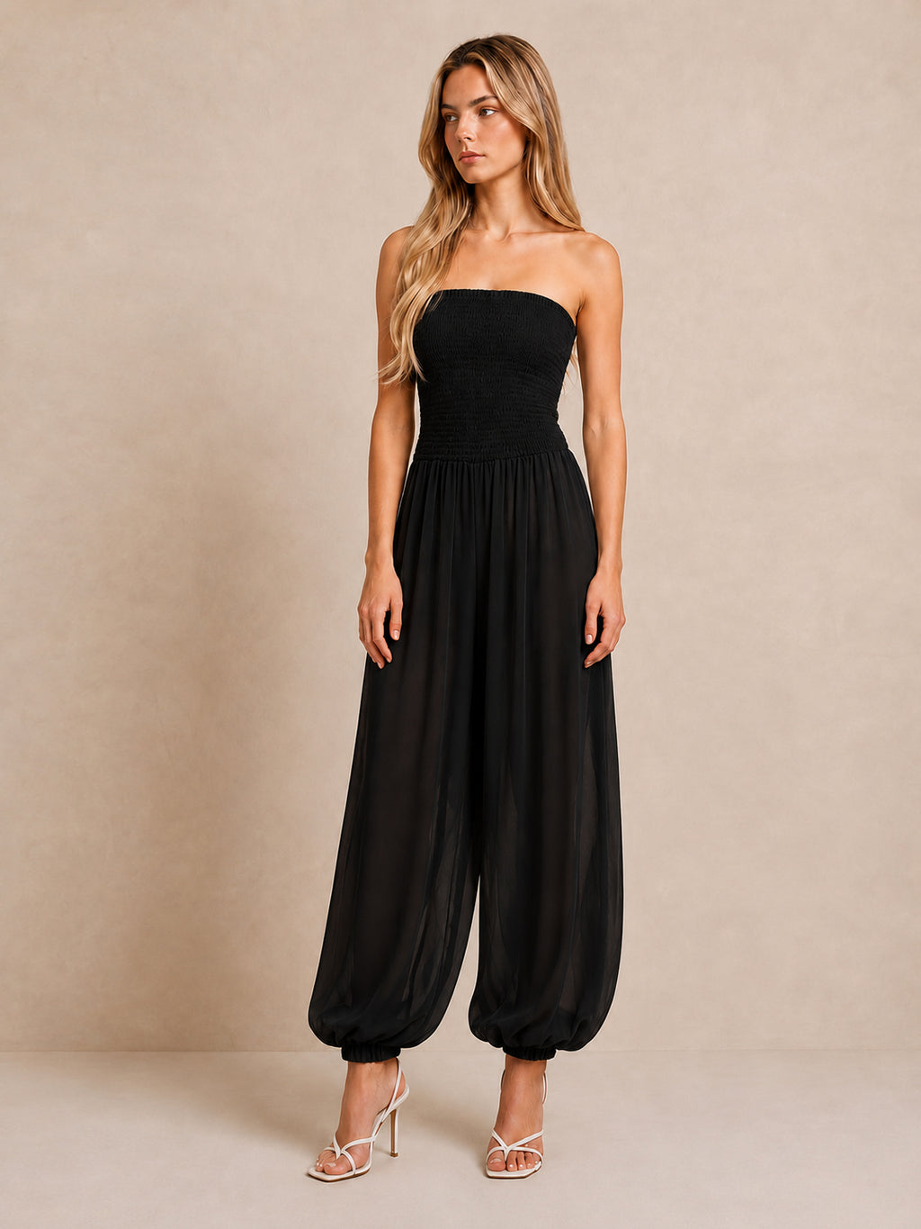 Strapless Smocked Wide Jumpsuit