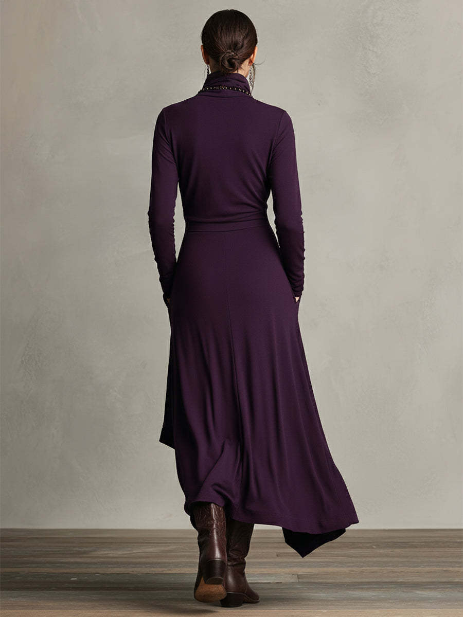 Asymmetric Draped Turtleneck Midi Dress
