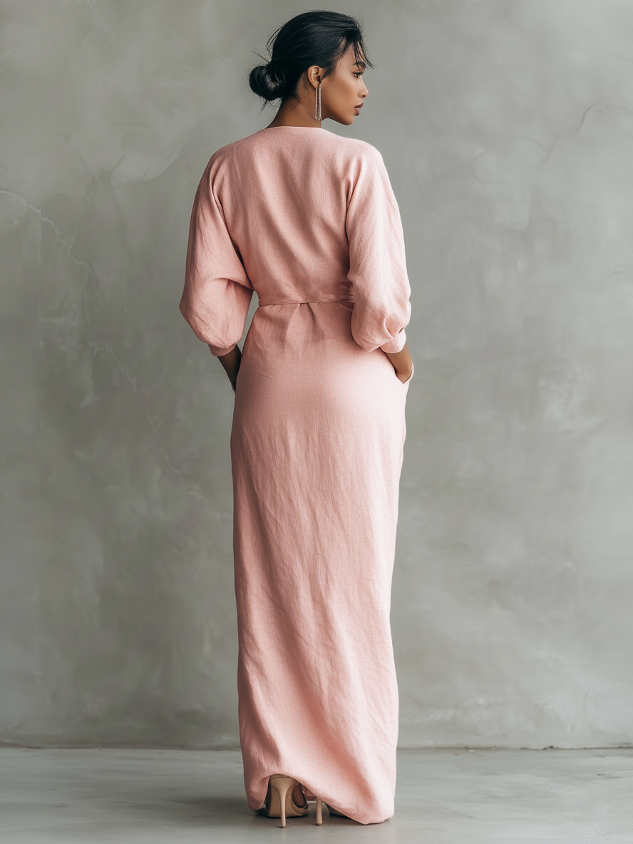 Linen Wrap Maxi Dress for Women Elegant V-Neck Long Sleeve Flowy Gown with Knot Waist and Side Pockets