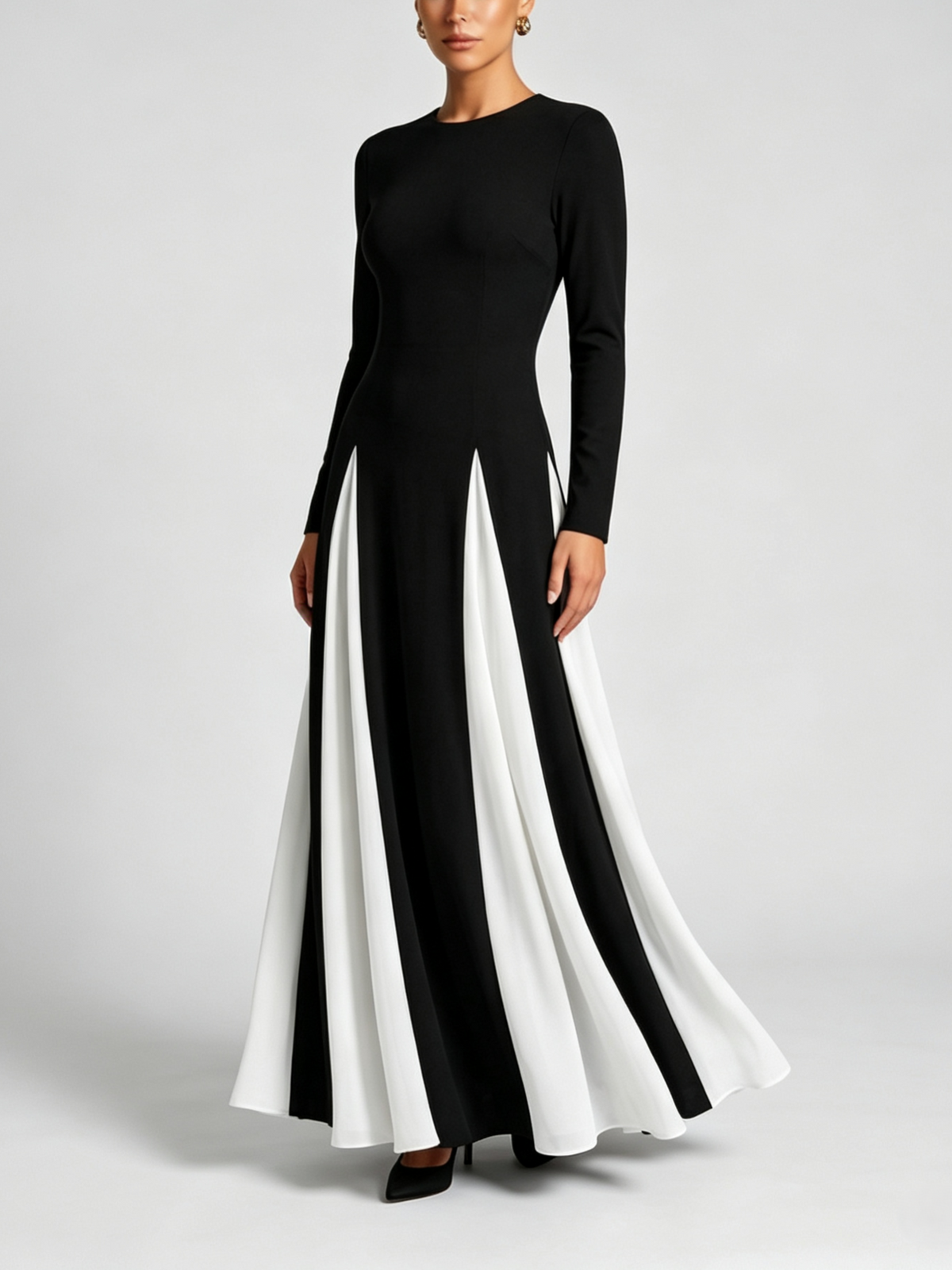 Color Block Long Sleeve Crewneck Maxi Dress